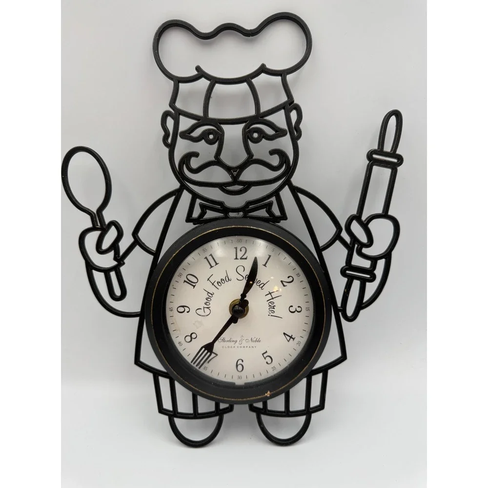Sterling & Noble Chef Wall Clock‎ Black Wire Kitchen Decor Good Food Served Here